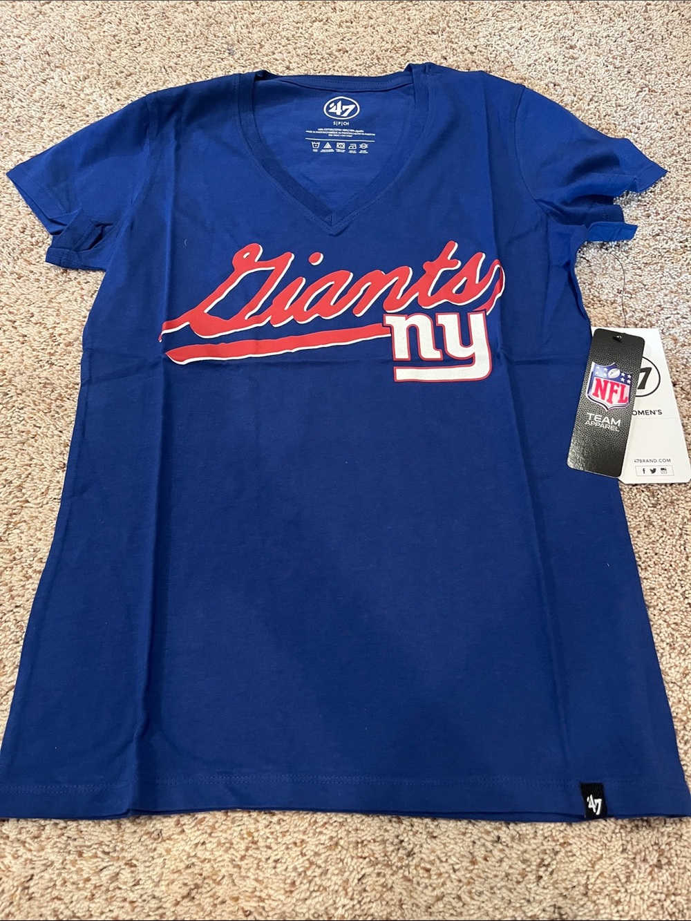 47 Royal Blue New York Giants Script V-Neck Tee with Red & White Logo